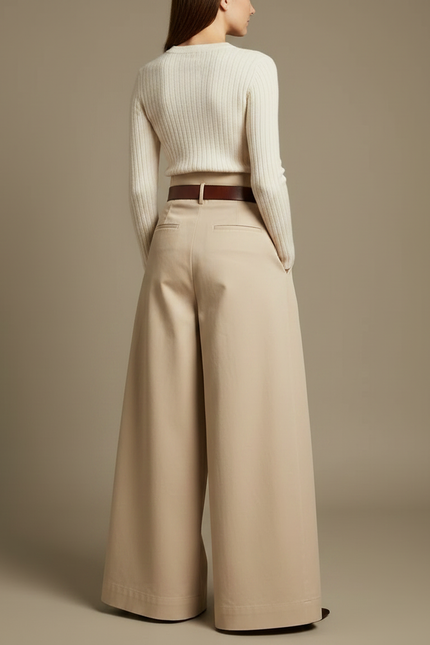 Pantalon Jupe Beige Plissé Ample Taille Haute Élégant - Gabardine - vue 2