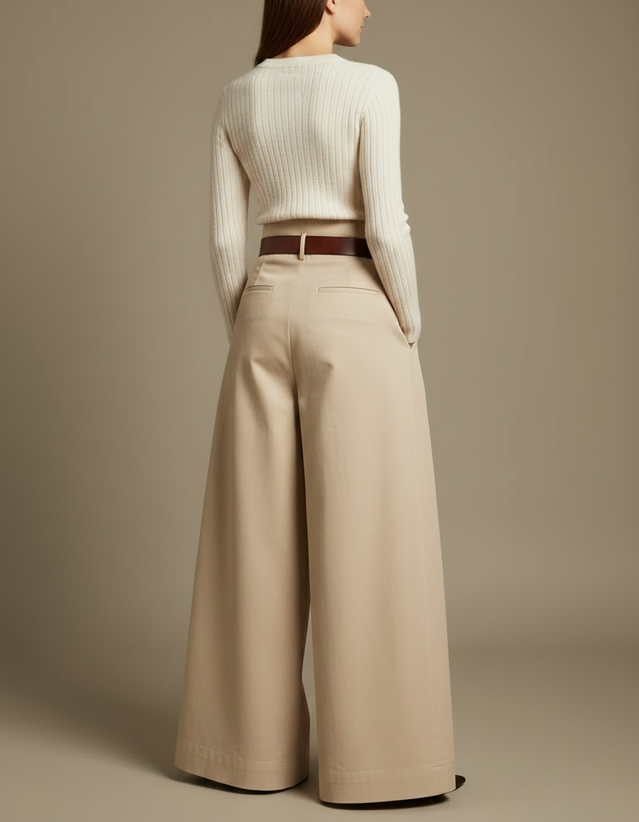 Pantalon Jupe Beige Plissé Ample Taille Haute Élégant - Gabardine - vue 2