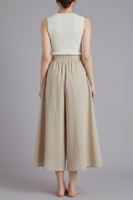 Pantalon Jupe Ample Lin Coton Beige Fluide Décontracté - vue 2