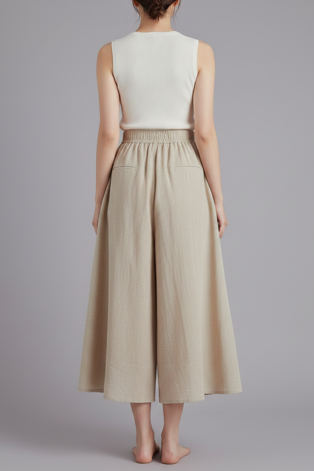 Pantalon Jupe Ample Lin Coton Beige Fluide Décontracté - vue 2