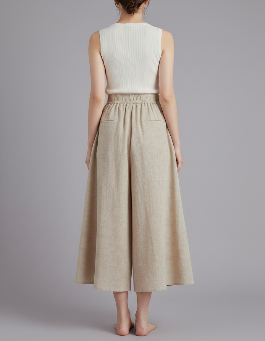 Pantalon Jupe Ample Lin Coton Beige Fluide Décontracté - vue 2