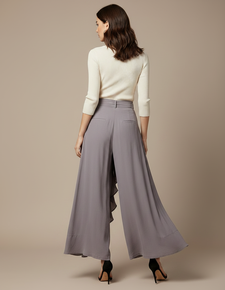 Pantalon Jupe Gris Fluide Volants Irrégulier Élégant - Viscose - vue 2