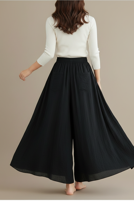 Pantalon Jupe Noir Ample Fluide Coton Lin Femme - vue 2