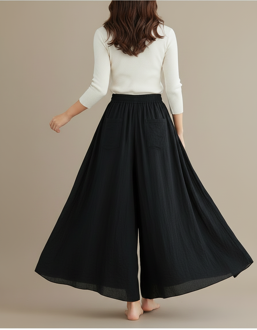 Pantalon Jupe Noir Ample Fluide Coton Lin Femme - vue 2
