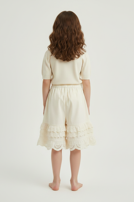 Pantalon Jupe Écru Dentelle Broderie Ample Coton Enfant - Beige - vue 2