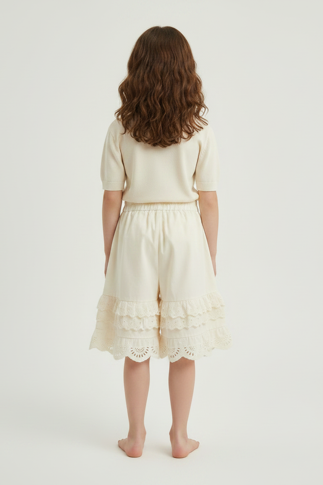 Pantalon Jupe Écru Dentelle Broderie Ample Coton Enfant - Beige - vue 2