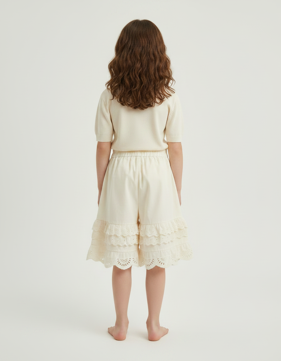 Pantalon Jupe Écru Dentelle Broderie Ample Coton Enfant - Beige - vue 2