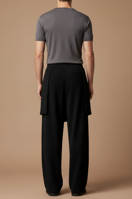 Pantalon Jupe Noir Plissé Ample Superposé Homme - Maille - vue 2