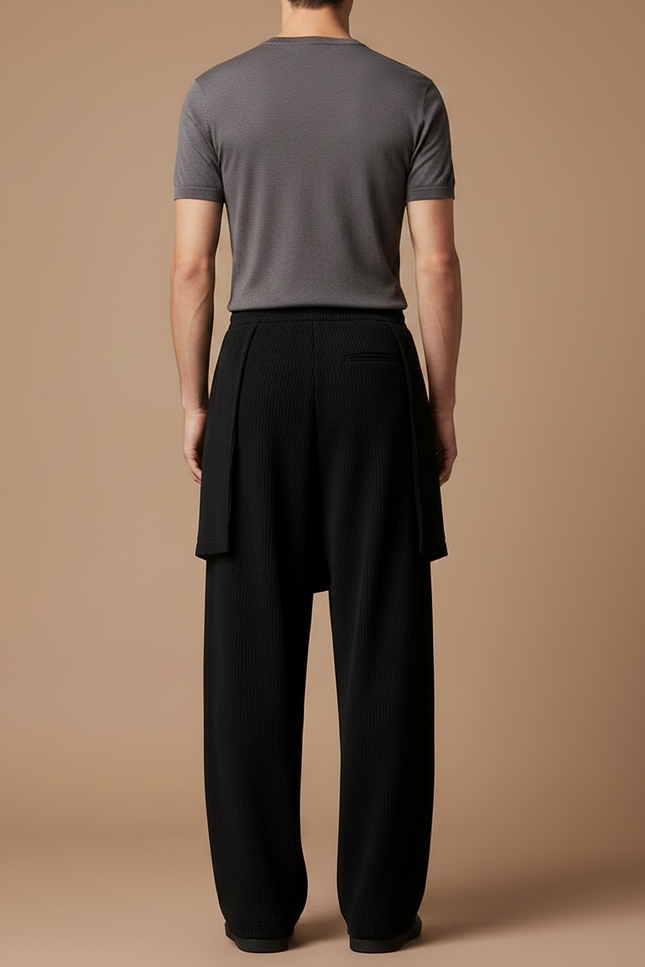 Pantalon Jupe Noir Plissé Ample Superposé Homme - Maille - vue 2