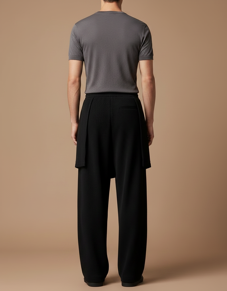 Pantalon Jupe Noir Plissé Ample Superposé Homme - Maille - vue 2