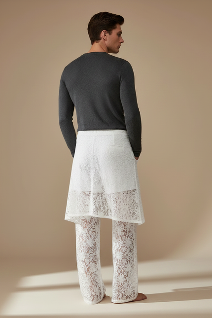 Pantalon Jupe Blanc Dentelle Transparent Superposé Élégant - Maille - vue 2