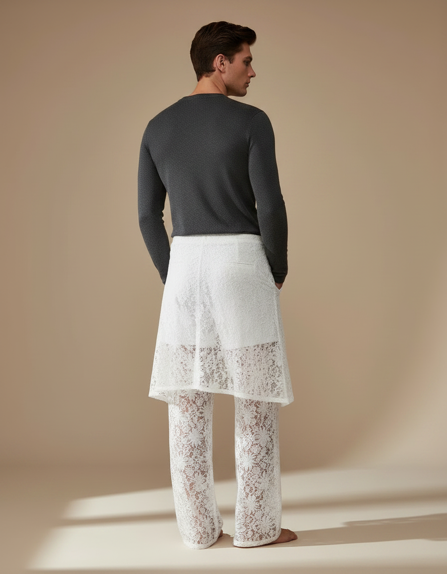 Pantalon Jupe Blanc Dentelle Transparent Superposé Élégant - Maille - vue 2