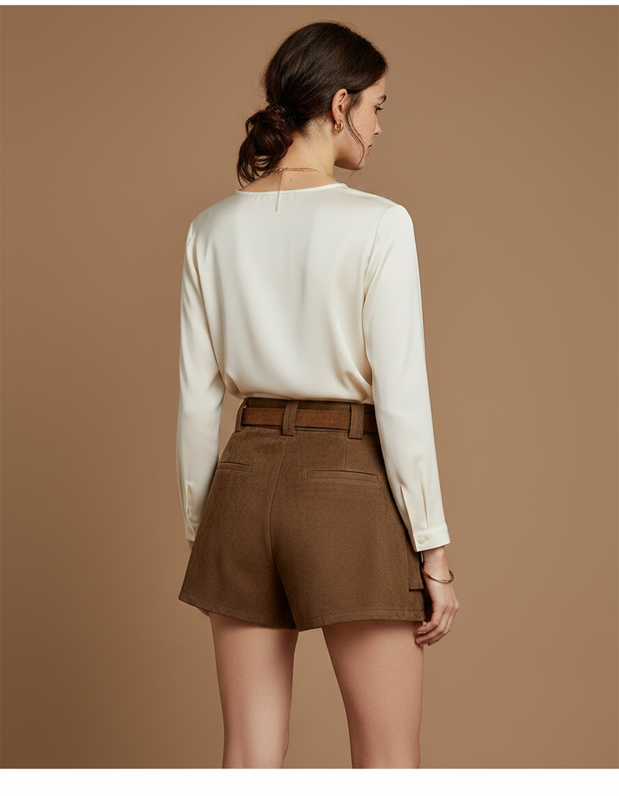 Pantalon Jupe Marron Suédine Ceinturé Vintage Élégant - Simili cuir - vue 2