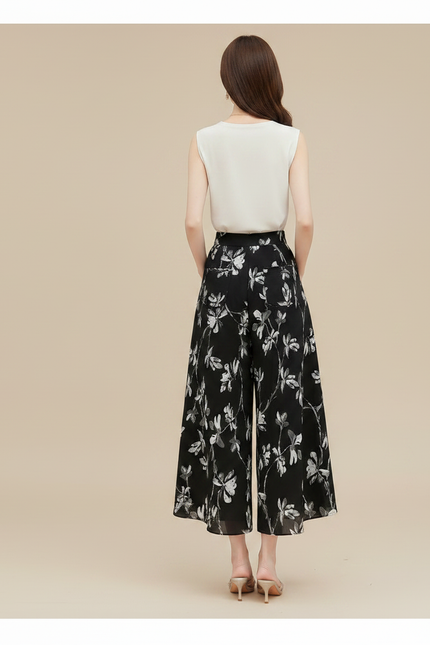 Pantalon Jupe Noir Floral Ample Chic Fluide - Polyester - vue 2