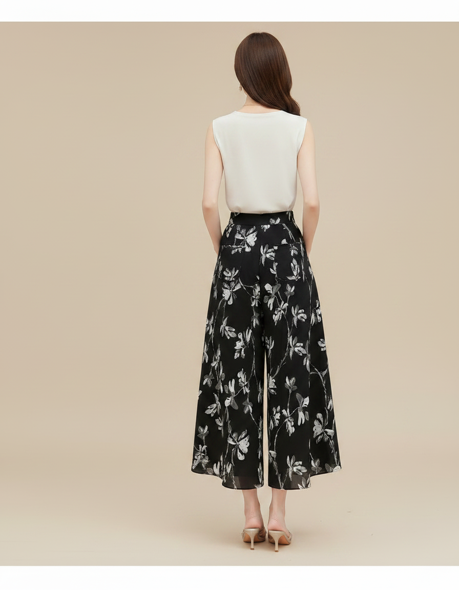 Pantalon Jupe Noir Floral Ample Chic Fluide - Polyester - vue 2
