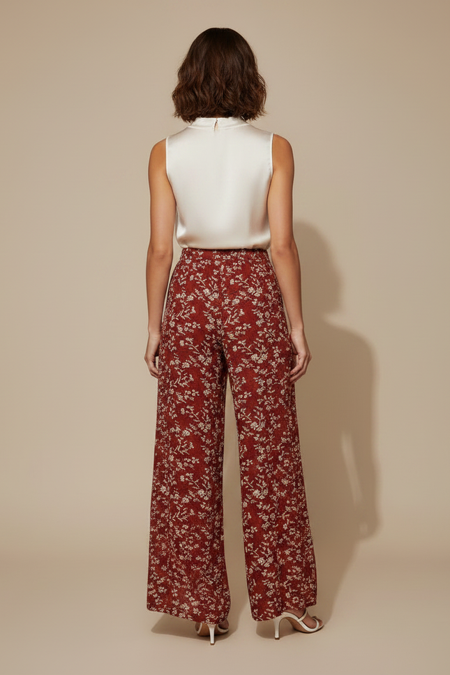 Pantalon Jupe Rouge Floral Fendu Bohème Fluide - Viscose - vue 2