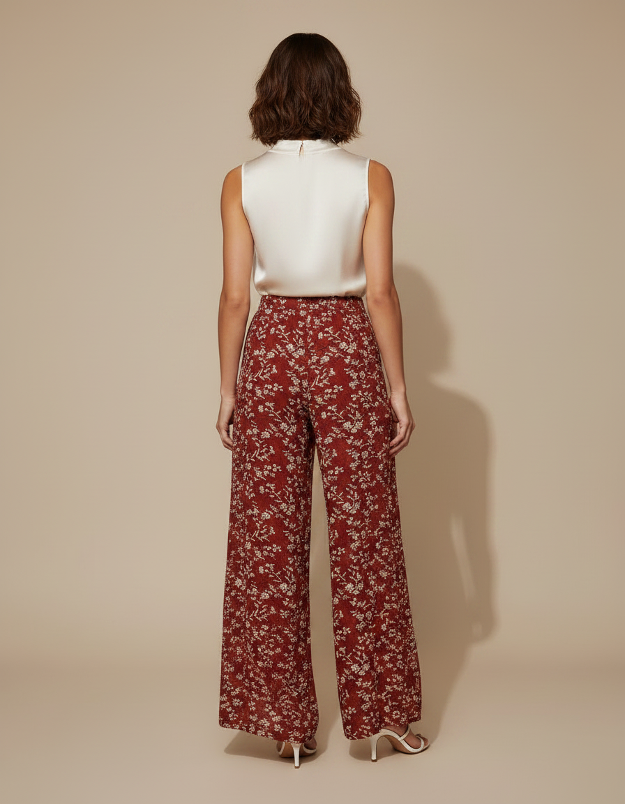 Pantalon Jupe Rouge Floral Fendu Bohème Fluide - Viscose - vue 2