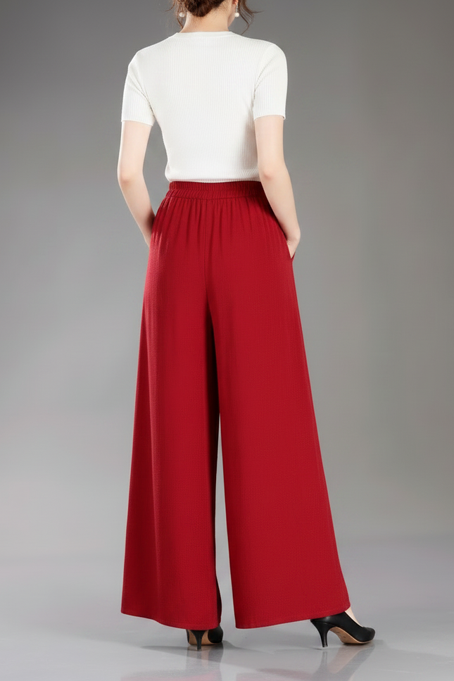 Pantalon Jupe Rouge Brodé Ample Fluide Élégant - Lin - vue 2