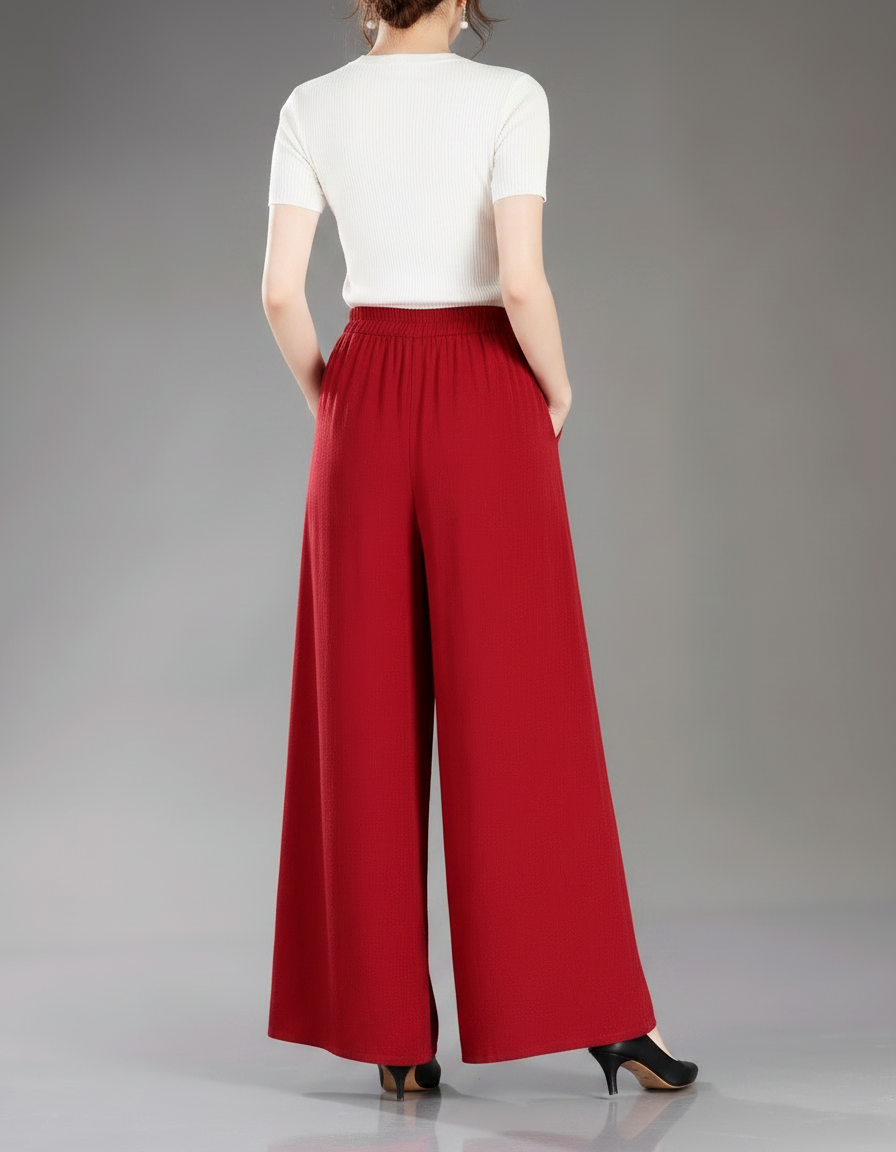 Pantalon Jupe Rouge Brodé Ample Fluide Élégant - Lin - vue 2