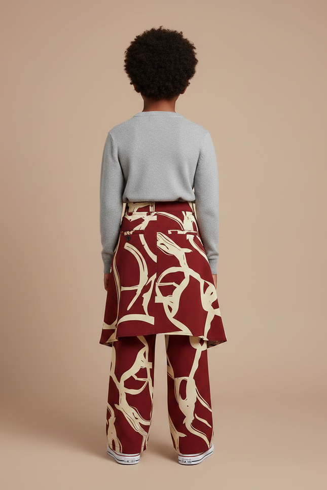 Pantalon Jupe Marron Imprimé Fluide Ample Enfant - Bordeaux Viscose - vue 2