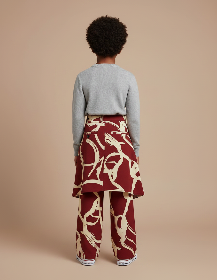 Pantalon Jupe Marron Imprimé Fluide Ample Enfant - Bordeaux Viscose - vue 2
