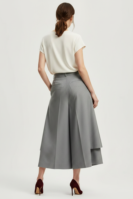 Pantalon Jupe Gris Plissé Ample Élégant Superposé - Gabardine - vue 2