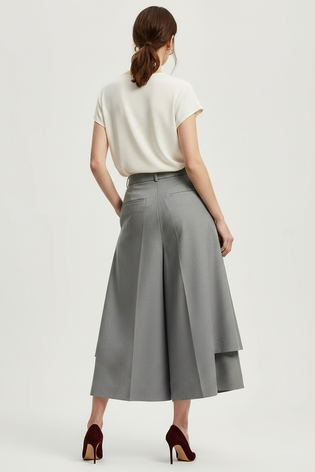 Pantalon Jupe Gris Plissé Ample Élégant Superposé - Gabardine - vue 2