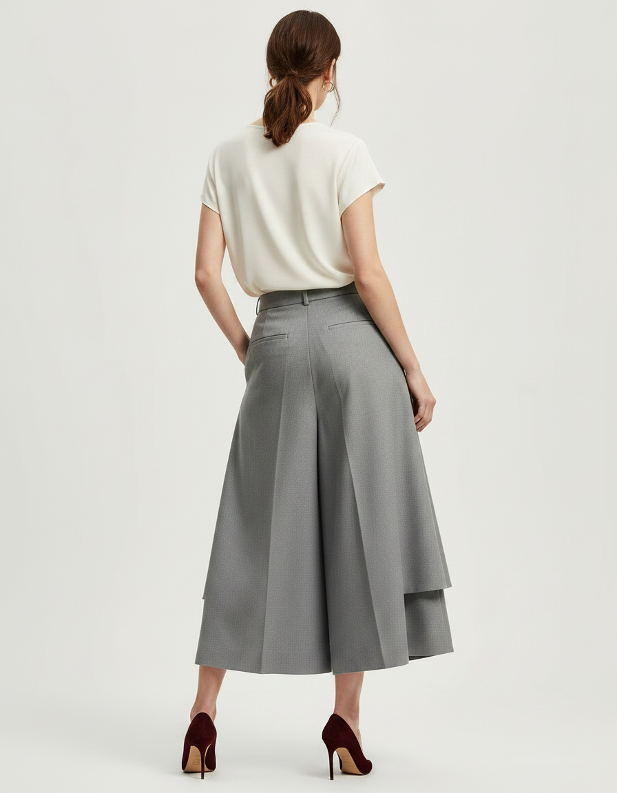 Pantalon Jupe Gris Plissé Ample Élégant Superposé - Gabardine - vue 2