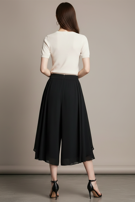 Pantalon Jupe Noir Plissé Fluide Asymétrique Élégant - Polyester - vue 2