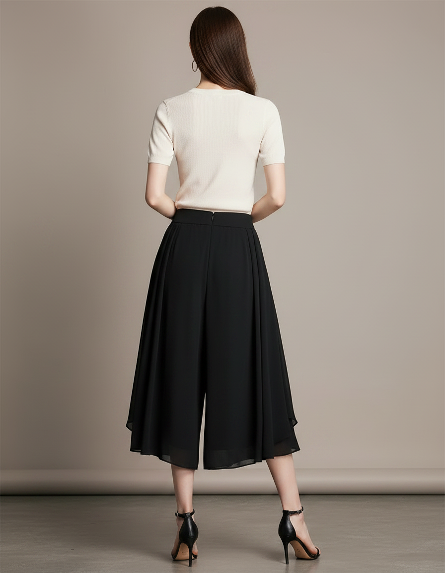 Pantalon Jupe Noir Plissé Fluide Asymétrique Élégant - Polyester - vue 2