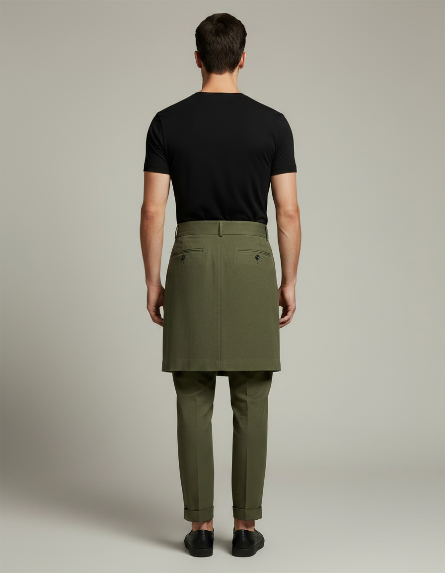 Pantalon Jupe Vert Militaire Plissé Drapé Élégant Homme - Kaki Gabardine - vue 2