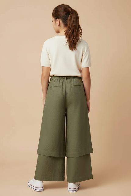 Pantalon Jupe Vert Kaki Lin Ample Superposé Fille - vue 2