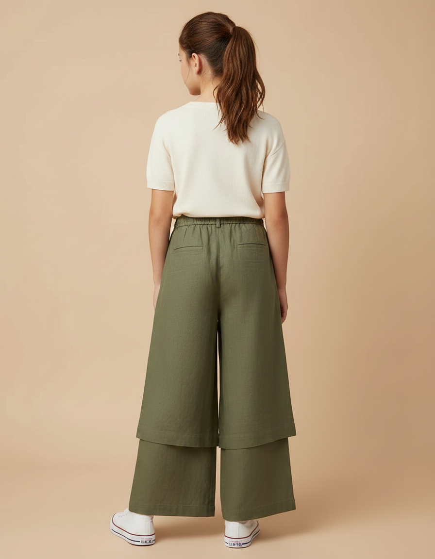 Pantalon Jupe Vert Kaki Lin Ample Superposé Fille - vue 2