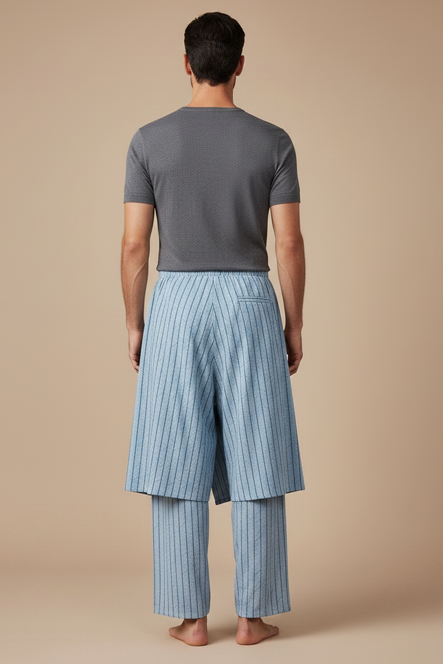 Pantalon Jupe Bleu Rayé Ample Décontracté Coton - vue 2