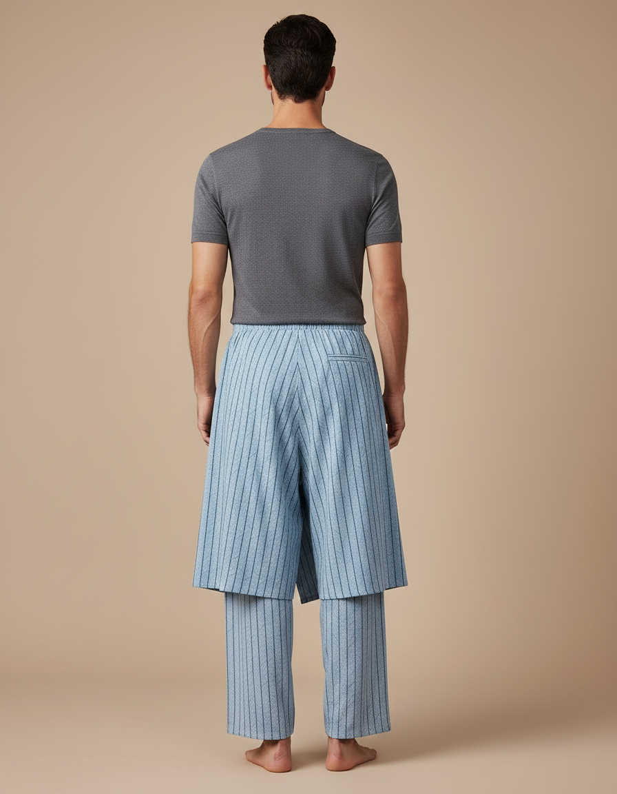 Pantalon Jupe Bleu Rayé Ample Décontracté Coton - vue 2