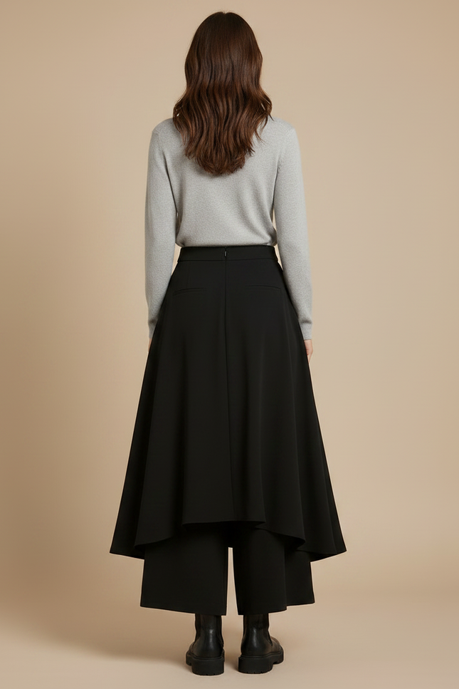 Pantalon Jupe Noir Asymétrique Ample Fluide Élégant - Polyester - vue 2