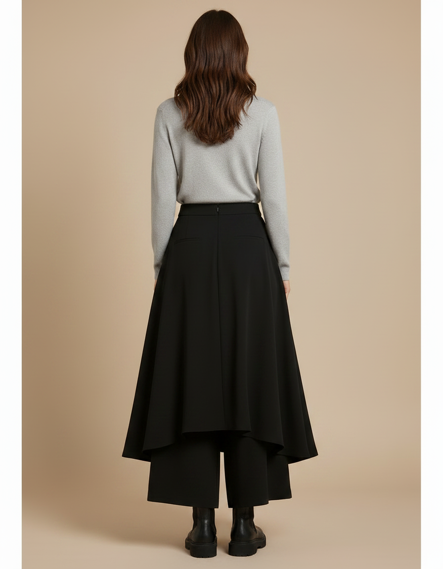Pantalon Jupe Noir Asymétrique Ample Fluide Élégant - Polyester - vue 2