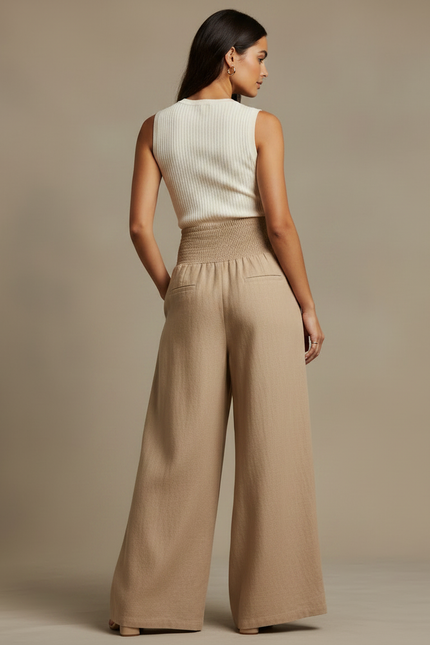 Pantalon Jupe Beige Lin Plissé Ample Fluide - vue 2