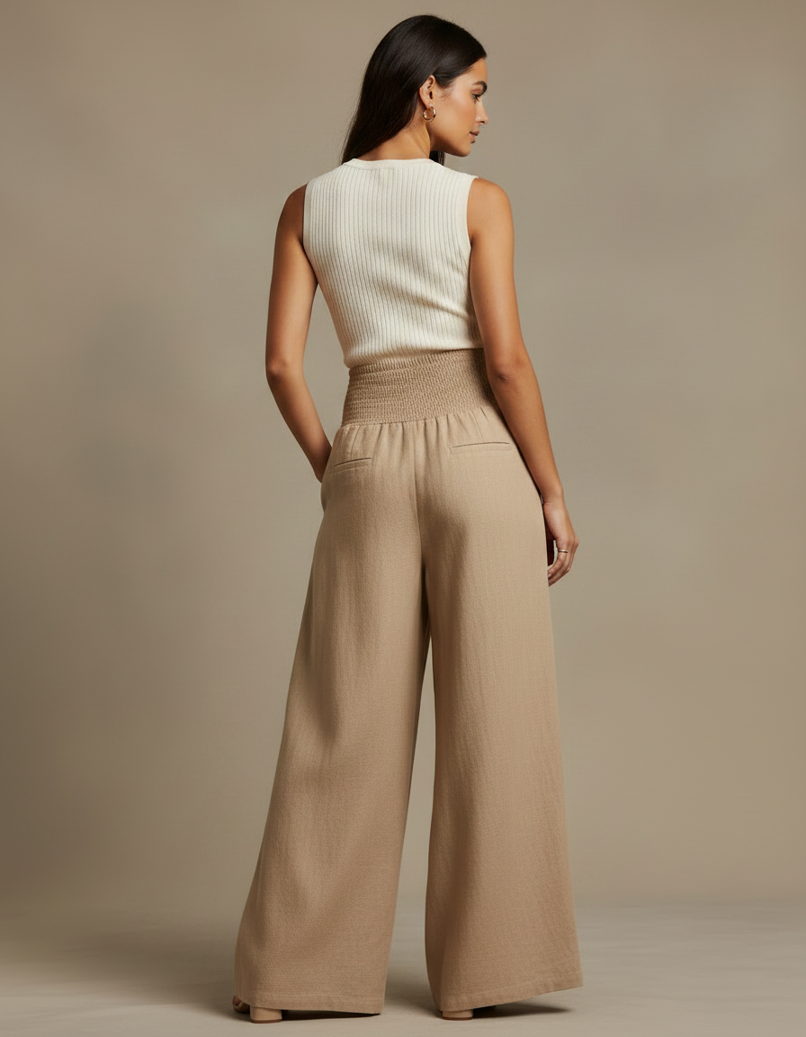 Pantalon Jupe Beige Lin Plissé Ample Fluide - vue 2