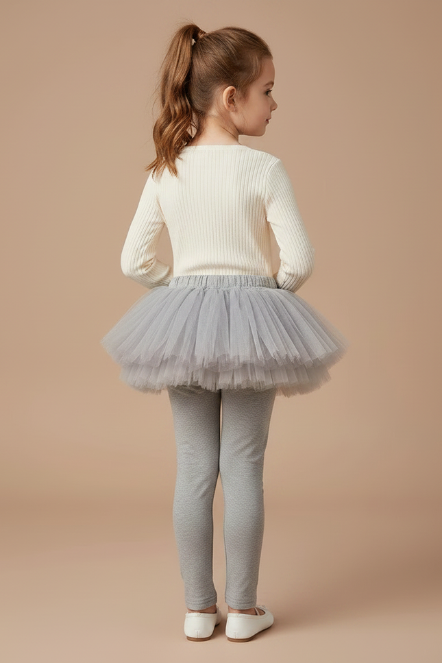 Pantalon Jupe Gris Tutu Superposé Confortable Fille Maille - vue 2
