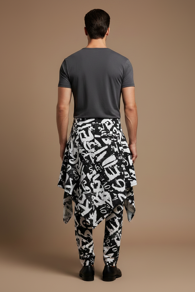 Pantalon Jupe Noir Blanc Asymétrique Imprimé Graphique - Polyester - vue 2