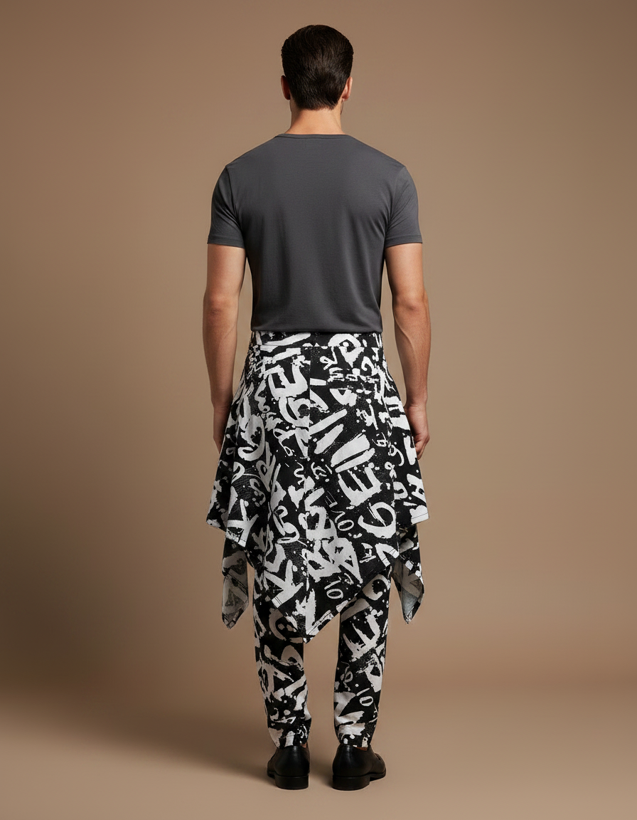 Pantalon Jupe Noir Blanc Asymétrique Imprimé Graphique - Polyester - vue 2