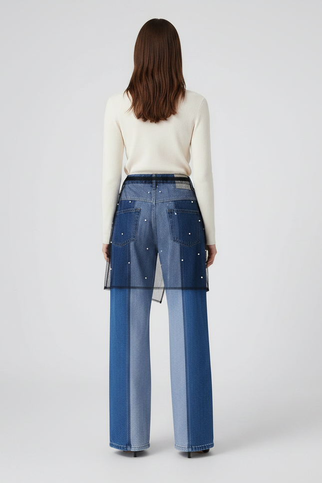 Pantalon Jupe Denim Patchwork Jupe-culotte Perles Tulle - Multicolore Jean - vue 2