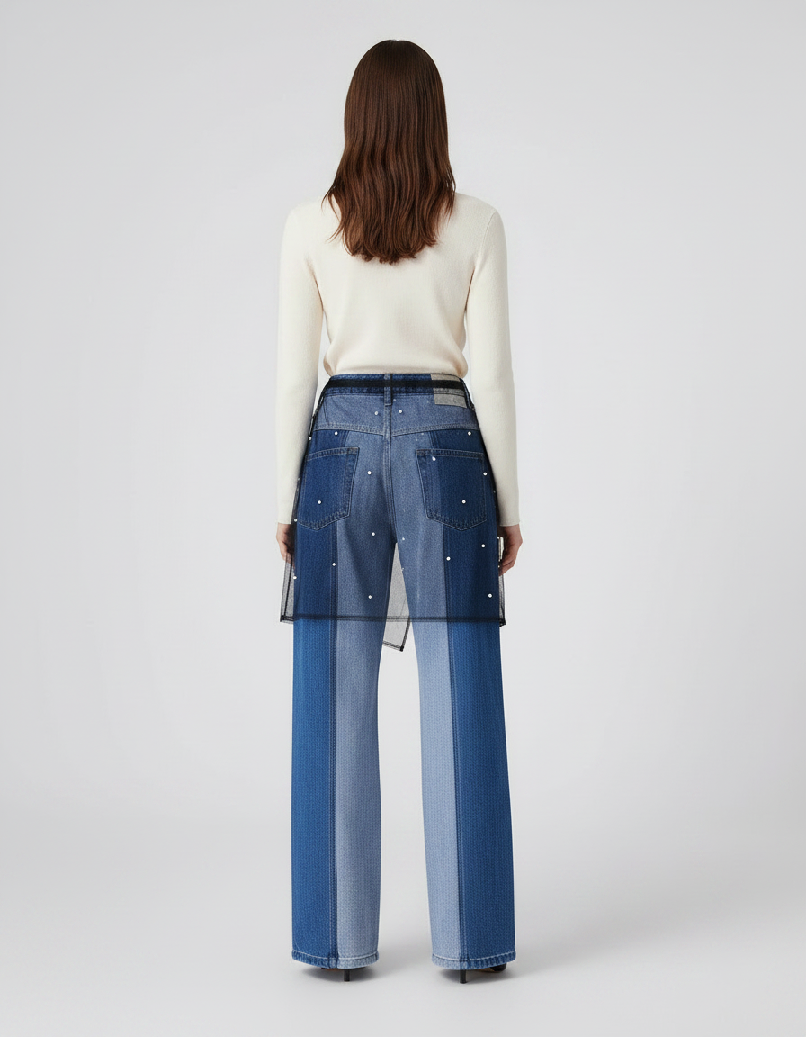 Pantalon Jupe Denim Patchwork Jupe-culotte Perles Tulle - Multicolore Jean - vue 2