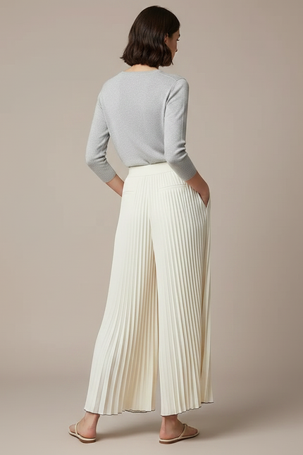 Pantalon Jupe Plissé Ample Fluide Élégant Beige - Polyester - vue 2