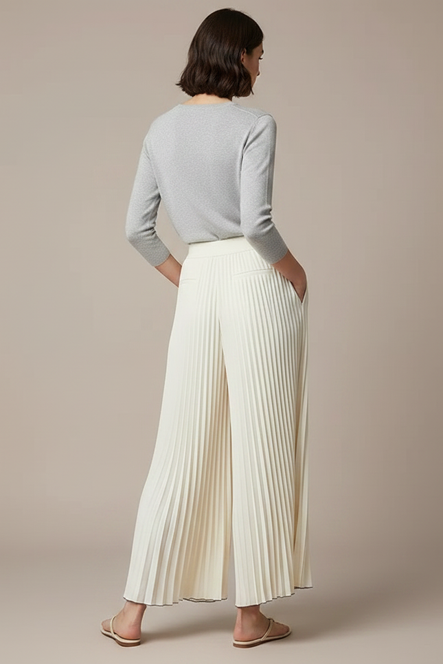 Pantalon Jupe Plissé Ample Fluide Élégant Beige - Polyester - vue 2