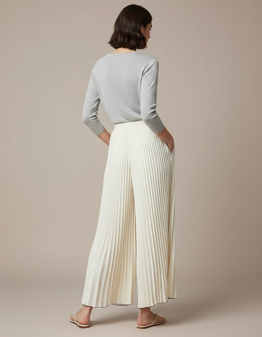 Pantalon Jupe Plissé Ample Fluide Élégant Beige - Polyester - vue 2