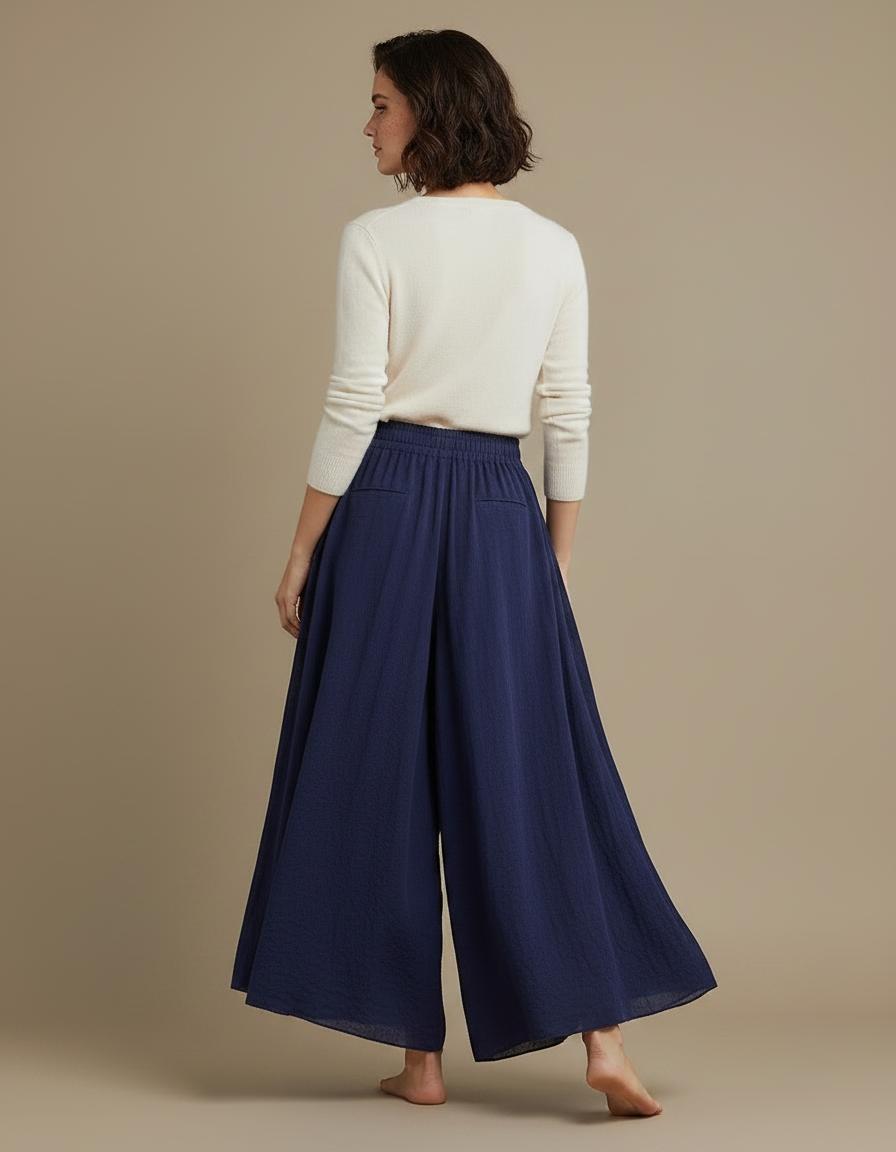 Pantalon Jupe Bleu Marine Coton Ample Fluide Élégant - vue 2