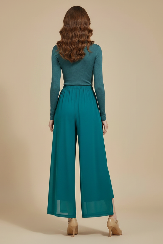 Pantalon Jupe Fluide Fendu Chiffon Léger Élégant - Vert Polyester - vue 2