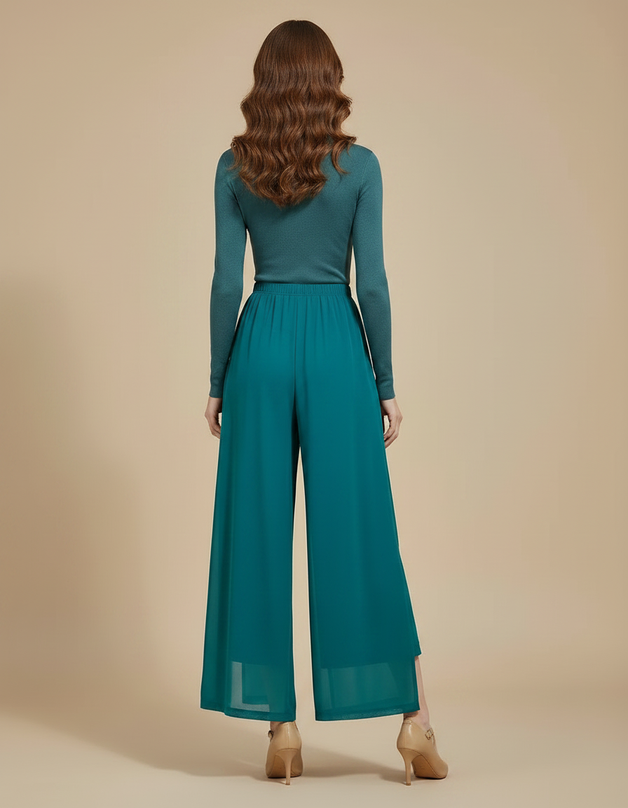 Pantalon Jupe Fluide Fendu Chiffon Léger Élégant - Vert Polyester - vue 2